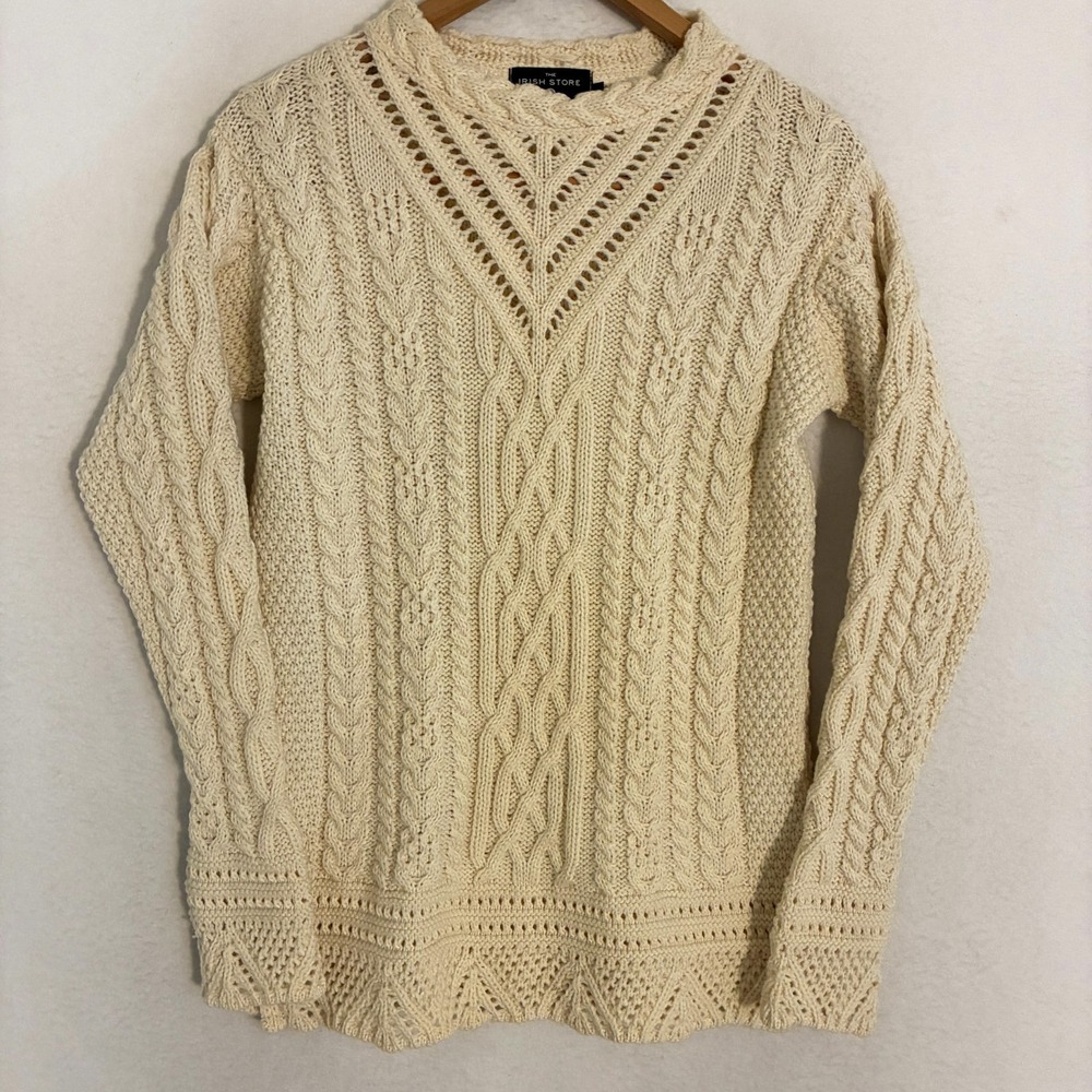 The Irish Store Merino Wool Sweater Womens M Chunky Cable Knit Fisherman Nordic